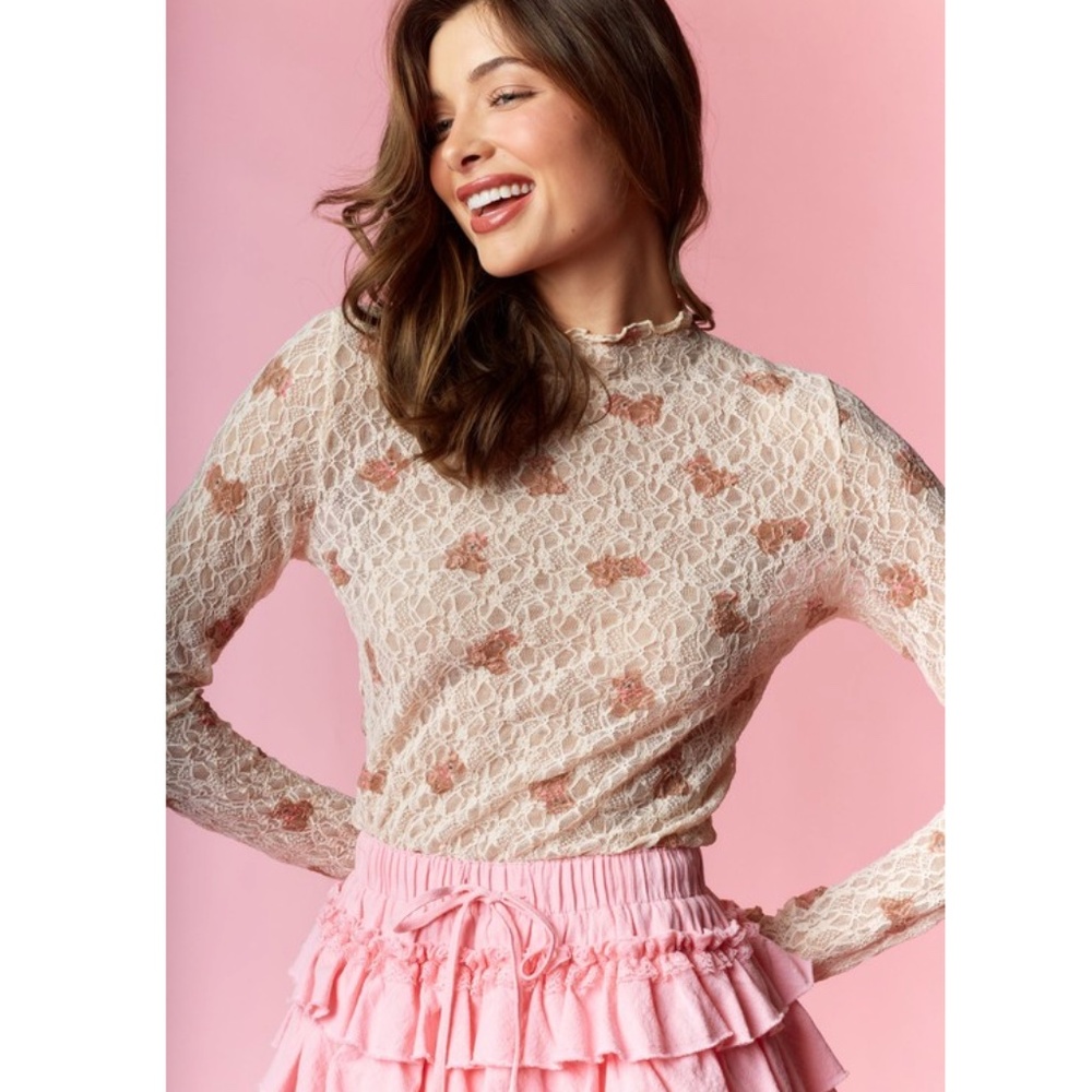 Sheer Lace Long-Sleeve Top in Cream with Pink Floral Embroidery